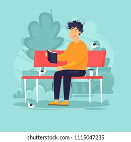 Guy sitting in a park on a bench reading a book. Flat design vector illustration.