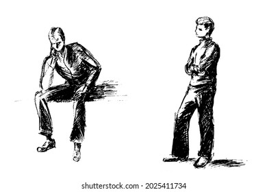 Un hombre sentado en una pose de cabeza y un hombre de pie con los brazos cruzados en el pecho. Dos toscos bocetos blancos y negros. Conjunto de vectores.