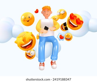 The guy is sitting with a phone in his hand. Happy emojis all around. In 3D style. Concept of reviews, communication. Vector illustration