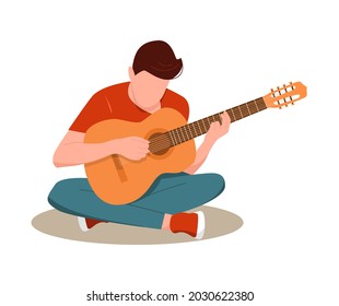 Guy sitting playing acoustic guitar isolated on white background. Vector illustration in flat style.