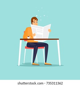 Guy sitting reading a newspaper cafe. Flat design vector illustration.