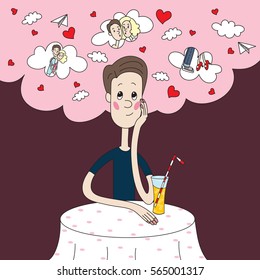 A guy sitting at a table in a cafe and dreams about love with a girl