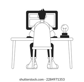 Guy sitting at table with computer monochromatic flat vector character. Linear hand drawn sketch. Editable full body person. Simple black white spot illustration for web graphic design and animation