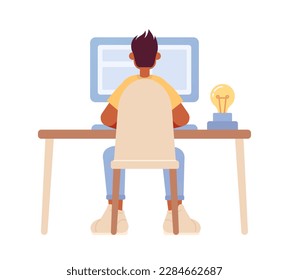 Guy sitting at table with computer semi flat color vector character. Editable figure. Full body person on white. Simple cartoon style spot illustration for web graphic design and animation