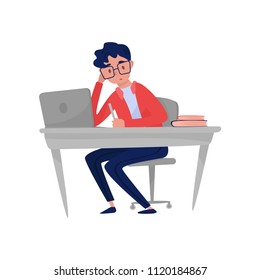 Guy sitting at table with laptop and books. Work at distance. Man working at home or office. Profession of graphic designer. Flat vector design