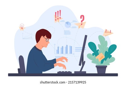 Guy is sitting at the table and typing on the computer keyboard. Paper planes fly out of the monitor and fly in different directions. Graphs and charts in the background. Vector illustration
