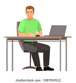 Guy is sitting at table. Young handsome handsome boy at computer. Works. Friendly smile. In jeans, T-shirt and sneakers. Cartoon flat style. Illustration is isolated on white background. Vector