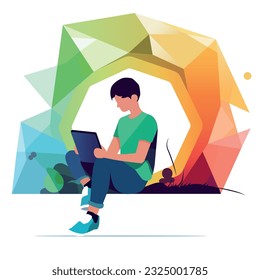 Guy sitting with a tablet in his hands. Education. Education. Logo. Vector graphics