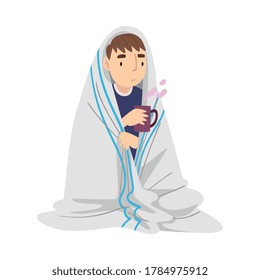 Guy Sitting Under Cozy Plaid with Hot Drink Mug, Person Drinking Beverage Wrapped in White Blanket Vector Illustration