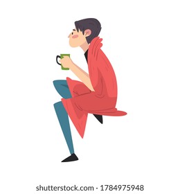 Guy Sitting Under Cozy Plaid Enjoying Hot Drink Mug, Man Drinking Beverage Wrapped in Red Blanket Vector Illustration