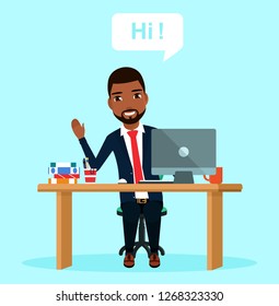 The guy sitting in the workplace says Hello. Speech bubble. Business and Finance. In flat style on blue background. Cartoon.