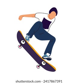 Un gars avec un skateboard réalise un saut sur fond blanc. Affiche de la Journée internationale de la planche à roulettes.  Bannière avec des gens brillants pour la fête du 21 juin.