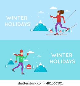 Guy skating and girl on skis mountains in the background. Winter landscape, fun, vacation, sports, outdoors. New year. Character. Banners. Flat design vector illustration.