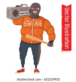 Guy in the ski mask carries a tape recorder on his shoulder. Swag gangster. Isolated vector illustration on white background.