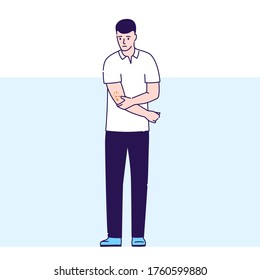 Guy With Skin Rash Vector Illustration. Dermatological Diseases. Itchy Spots On Body. Isolated Cartoon Character On Blue Background.