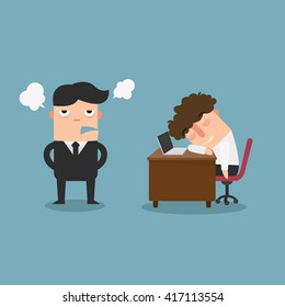 The guy is sleeping behind his desk while angry director is standing,illustration,vector