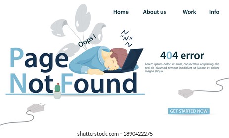 Guy sleeping in front of laptop on the inscription page not found, banner for design, website Or mobile applications, error 404, Flat Vector Illustration