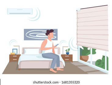 Guy in smart bedroom flat color vector faceless character. Young man with smartphone controlling jalousie. Domestic life innovations isolated cartoon illustration for web graphic design and animation