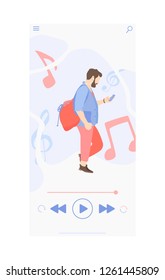 A guy with a smartphone in his hands, and wireless headphones in his ears listening to music. On the background of musical notes. Flat vector illustration. Mobile application template. UI/UX.