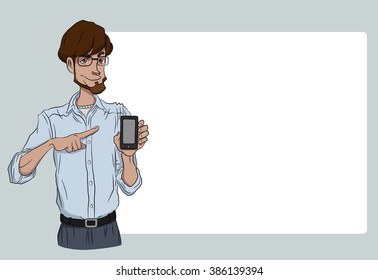 Guy with smartphone screen on white background. Vector illustration character with bubble talk.  Flat design concepts for web banners, web sites, printed materials, infographics, startup, marketing.  