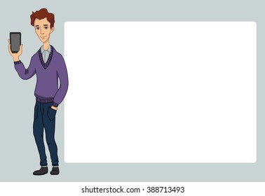 Guy with smartphone screen on white background. Vector illustration character with bubble talk.  Flat design concepts for web banners, web sites, printed materials, infographics, startup, marketing.  