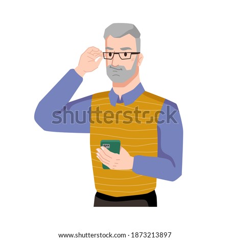 Guy smirking with smartphone isolated bearded middle age man in glasses. Vector handsome person using applications on modern mobile device, chatting or browsing gadget. Positive handsome guy