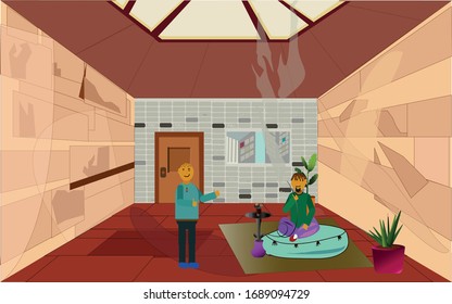 guy smokes a hookah in the lounge bar. the waiter brings the order to the visitor