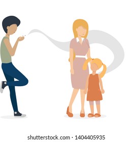 the guy smoking a cigarette. mother and baby are standing near. flat vector illustration.