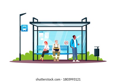 Guy smoking at a no smoking bus stop semi flat RGB color vector illustration. Irritating behaviour in public space. People waiting for transport. Isolated cartoon characters on white background