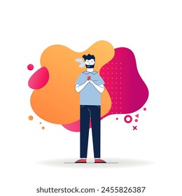 Guy smoking and using smartphone. Man with cigarette texting message flat vector illustration. Smoking, addiction, unhealthy habit concept for banner, website design or landing web page