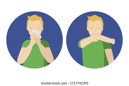 The guy sneezes or coughs at the elbow. A man uses a paper towel for hygiene. How to sneeze. Prevention of the spread of the virus. Flat vector illustration.