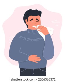 The guy sneezes into a handkerchief. The man fell ill with a cold, a virus, a runny nose. Vector graphics.