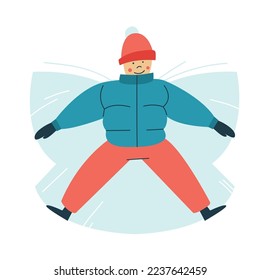 The guy in the snow makes a snow angel. Funny games with snow on the street. The teenager leaves footprints with his hands and feet lying on the snow. Winter entertainment. Flat illustration.