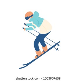Guy in snow suit skiing. Man on skis, sportsman or freerider taking part in downhill or slalom competition. Extreme winter sports and recreational activity. Vector illustration in flat cartoon style.