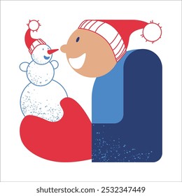Un tipo con muñeco de nieve. Tarjeta de felicitación festiva de Navidad o invierno. Ilustración vectorial dibujada a mano.