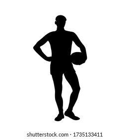 El tipo es un futbolista con una pelota en una mano. Juego de fútbol, estilo de vida activo y deporte. La silueta está aislada. Ilustración vectorial de un hombre en blanco y negro.