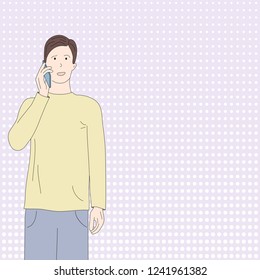The guy speaks by phone. Vector illustration in cartoon style