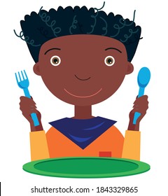 The guy, with a spoon and fork in his hands, in front of an empty plate waiting for food. White background