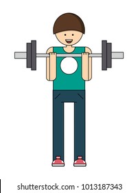 Guy With Sports Equipment, Athlete With A Barbell, New At The Gym, Light Weight, Cartoon Character, Vector Image, Flat Design