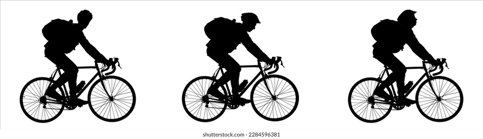 A guy in a sports protective helmet rides a bicycle with a large tourist backpack on his back. Competitions. A group of cyclists. Cycling. Side view. Three silhouettes in black color isolated on white