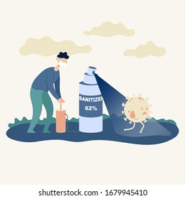 Guy sprays a large sanitizer on a microbe. Side view. Color vector cartoon illustration. For coronavirus epidemic quarantine.