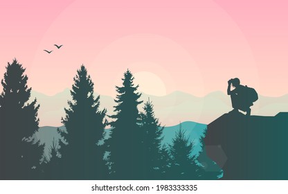 A guy squats on top of a mountain and looks through binoculars. Vector illustration. Travel concept of discovering, exploring and observing nature. Hiking. Adventure tourism. Polygonal flat design.