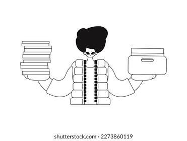 Guy stacks docs in straight rows. Vector drawing.