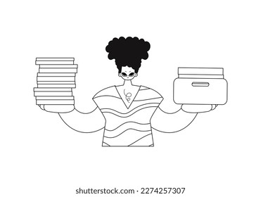 Guy with stacks of papers in linear styling. Vector illustration.