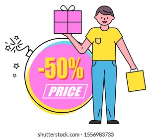 Guy stand and hold vector box and shopping bag in hands. Discount 50 percent off price, cost. Man buy goods or gifts on black friday in store, shop. Yellow caption on circle pink label, minimalism
