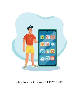 Guy standing with a big phone with phone screen mobile app icons. The concept of new technologies, social networks, mobile games, applications, news.Vector illustration. Cartoon style.