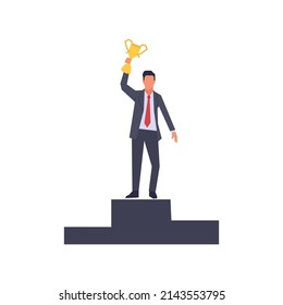 Guy standing at first place position and holding winner trophy cup simple flat vector character illustration.
