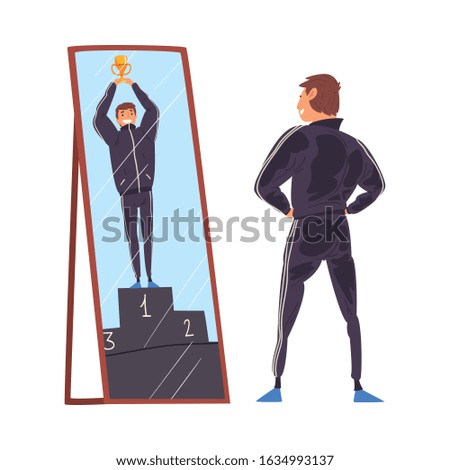 Guy Standing in Front of Mirror Looking at His Reflection and Imagine Himself as Successful, Narcissistic Man Seeing Himself Differently in Mirror Vector Illustration