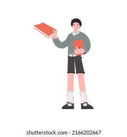 El tipo está en pleno crecimiento con un libro. Aislado. Elemento para presentaciones, sitios. Ilustración del vector