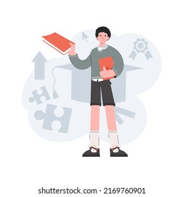 The guy is standing in full growth with a book. Online school. Element for presentations, sites. Vector illustration